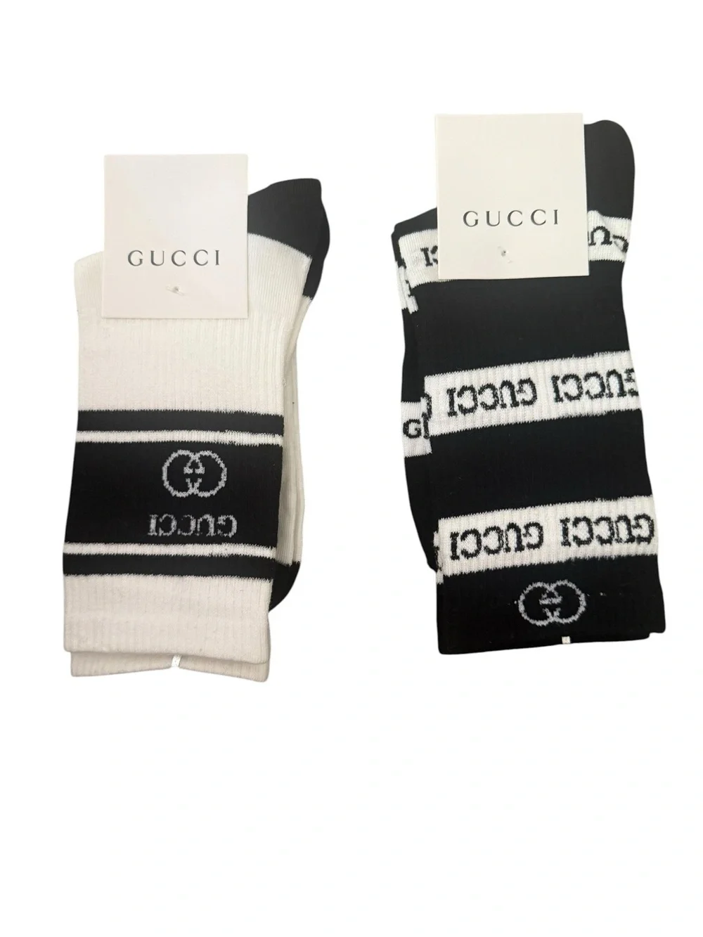 2 Pair Gucci Outlet Women’s Black & White Logo Crew Socks - Pack of 2